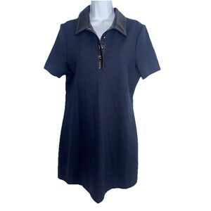 STAUD Jay Navy Polo Mini Shirt Dress Faux Leather Trim Preppy Goth Women Large